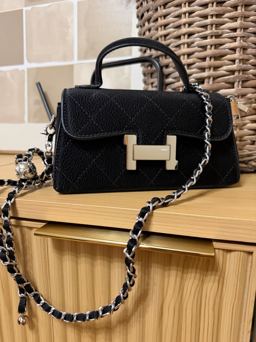 Black Quilted Top-Handle Crossbody Bag with Chain Strap